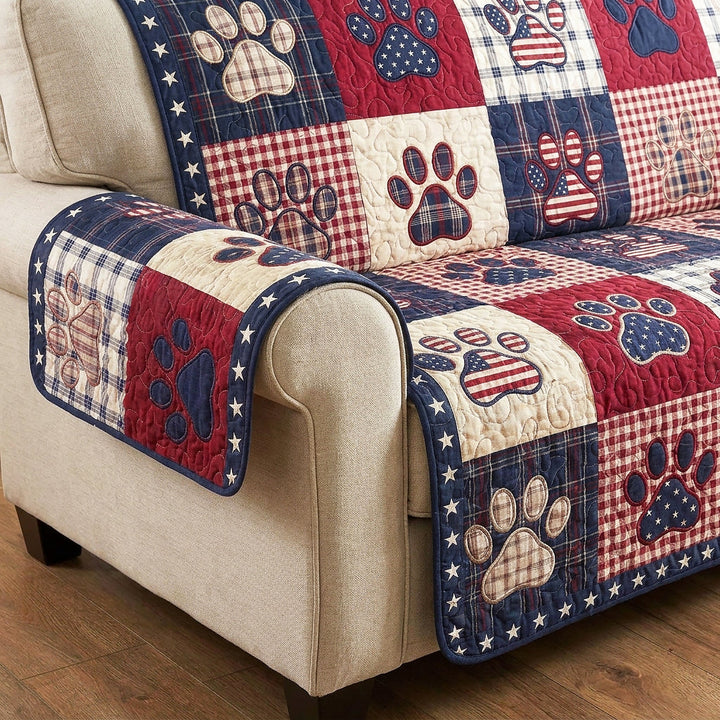 Quilted Sofa Cover with Patriotic Pawprint Design