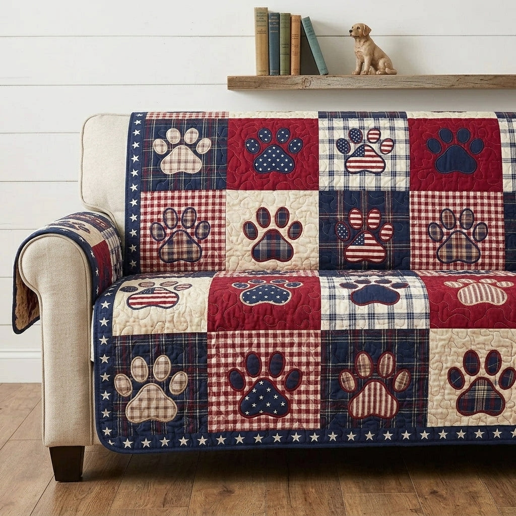 Quilted Sofa Cover with Patriotic Pawprint Design