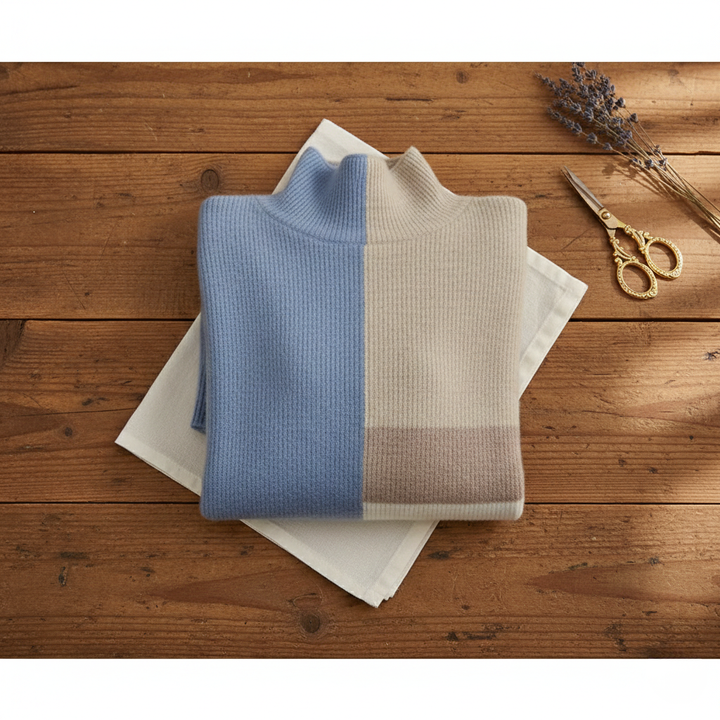 Sophie – Block Pattern Jumper in Blue-Beige