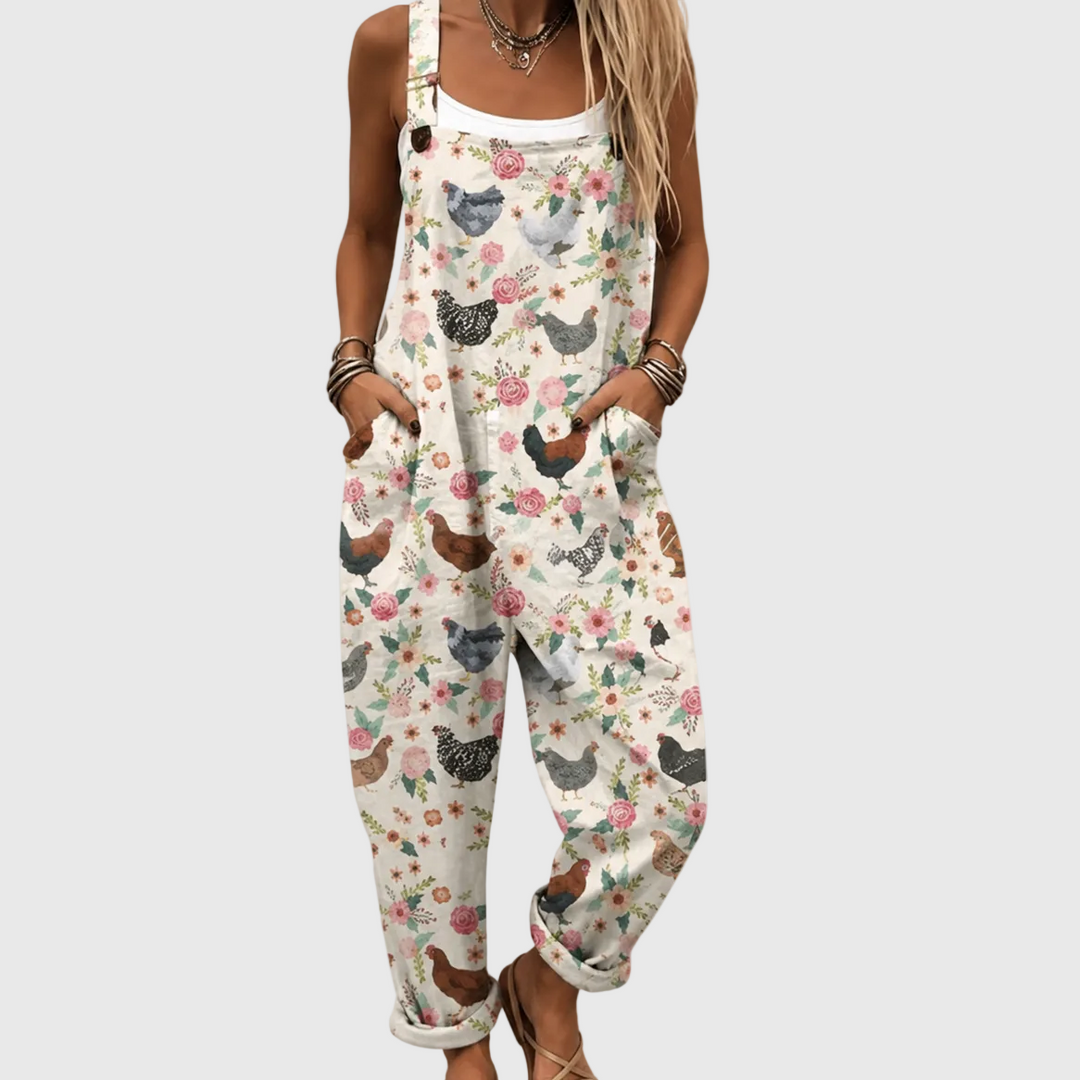 Soft Vintage Dungarees with Chickens and Flowers