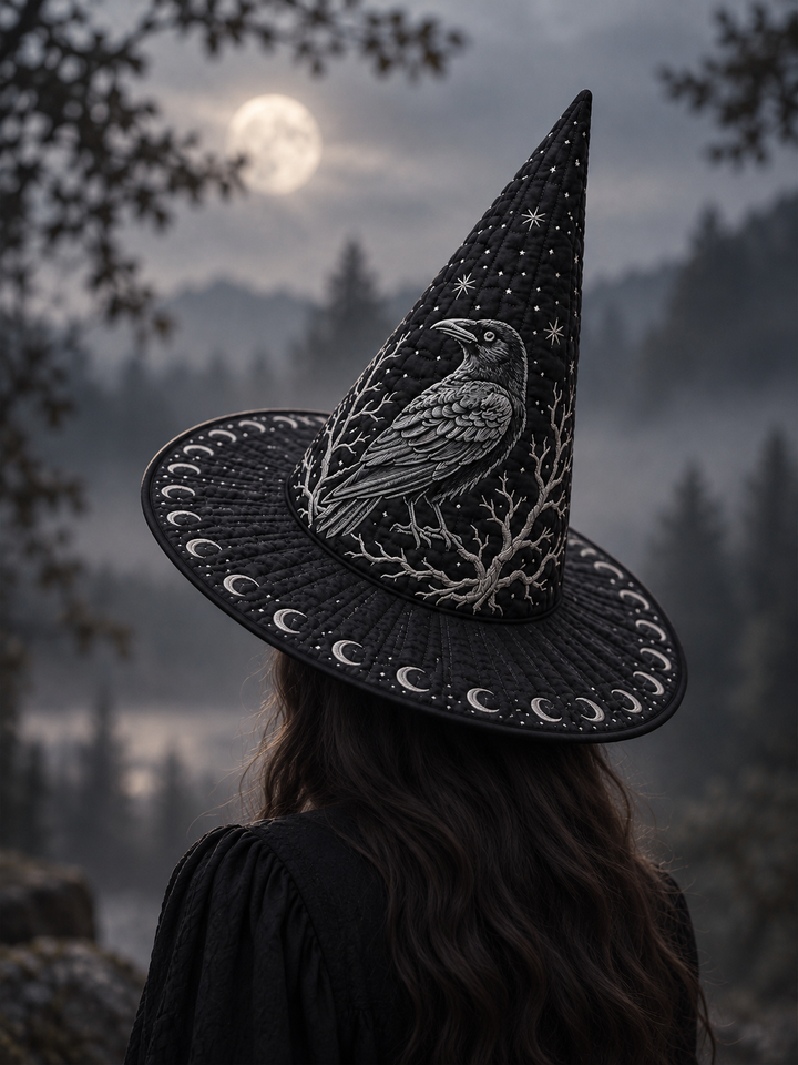Midnight Raven Moon Phase Gothic Handcrafted Quilted Witch Hat