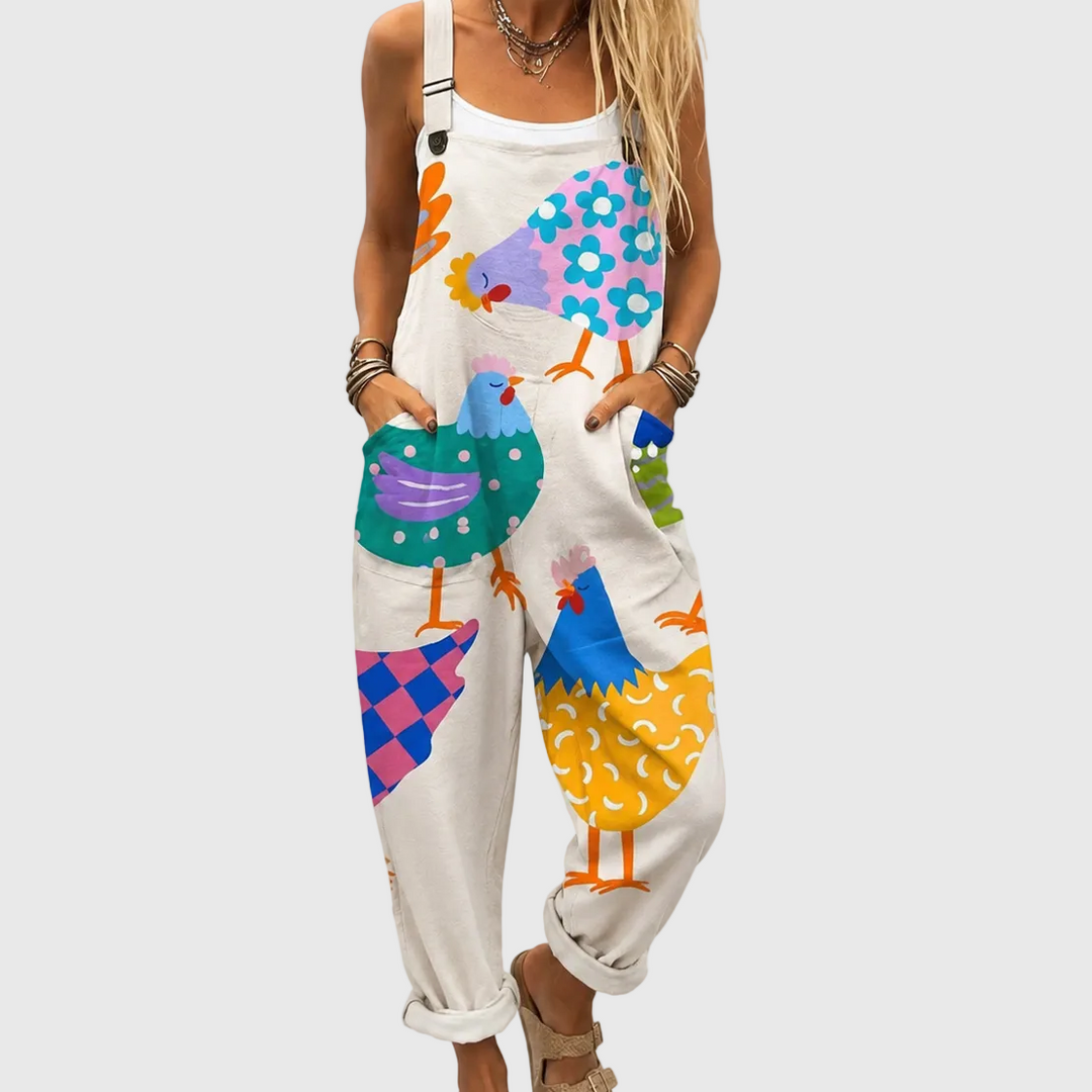 Soft Dungarees with Colourful Chicken Print