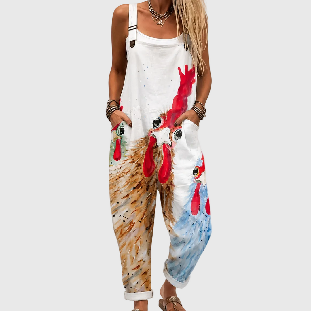 Soft Dungarees with Country Chickens Print