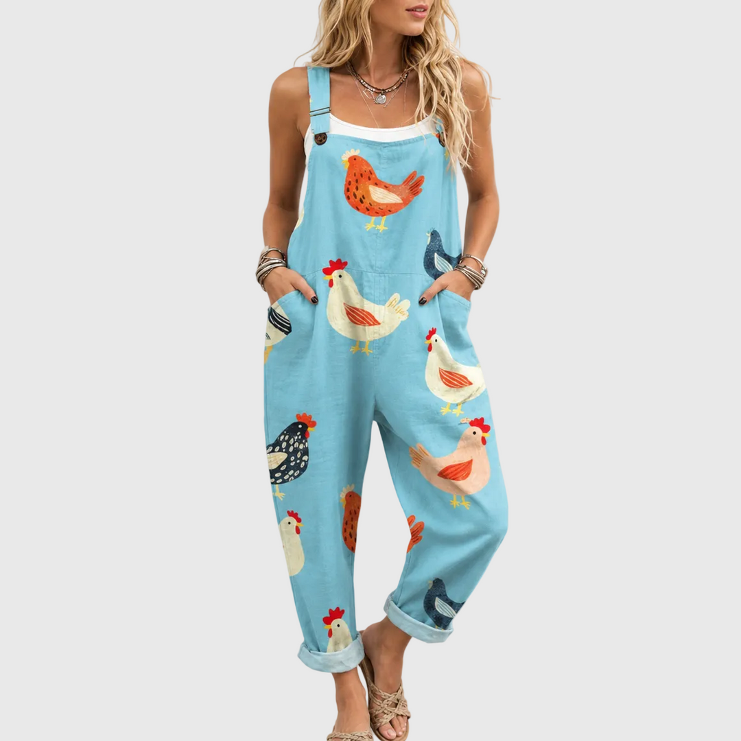Casual Light Blue Dungarees with Chicken Print