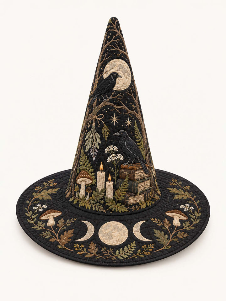 Moonlit Raven Enchanted Library Gothic Handcrafted Quilted Witch Hat
