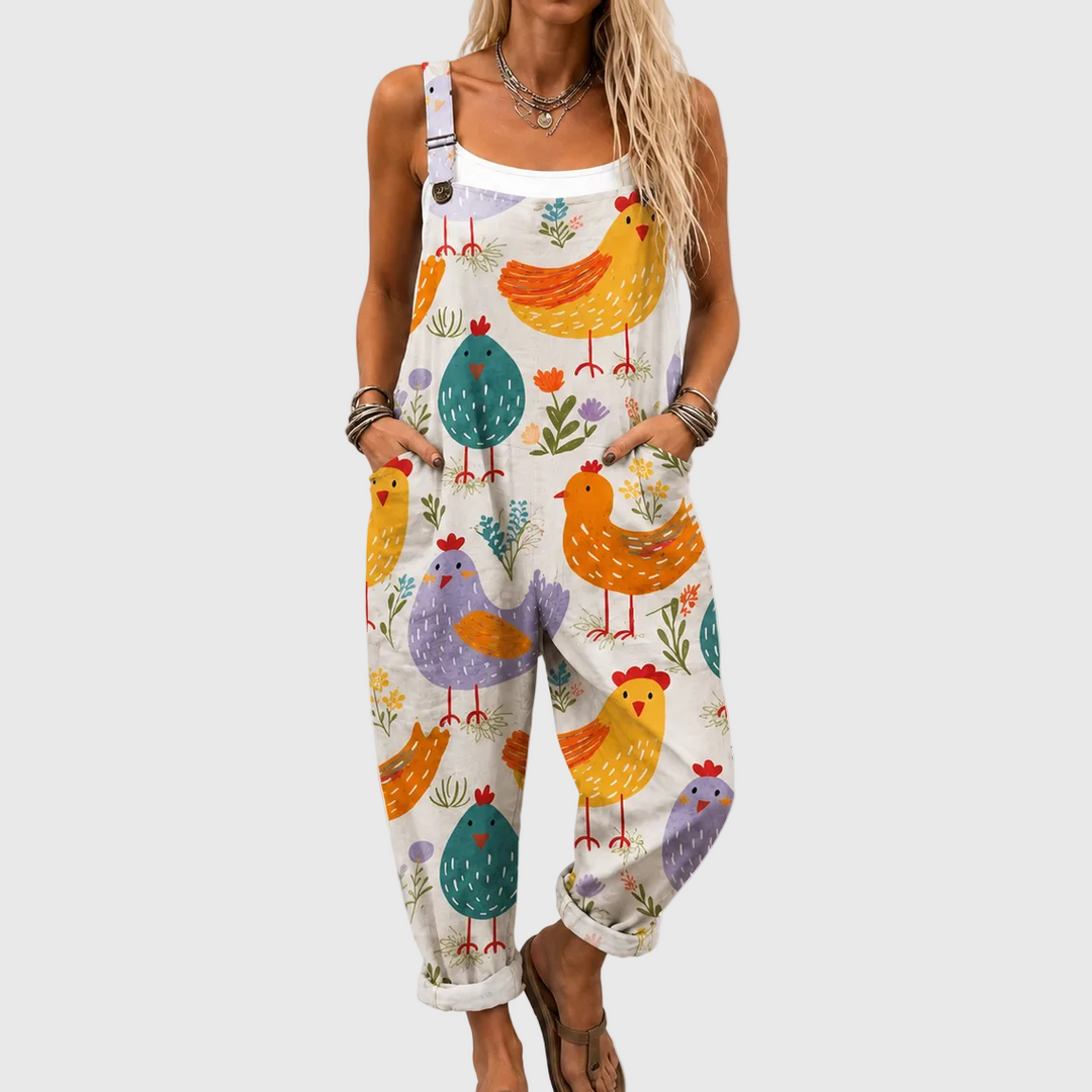 Soft Dungarees with Colourful Bird Print