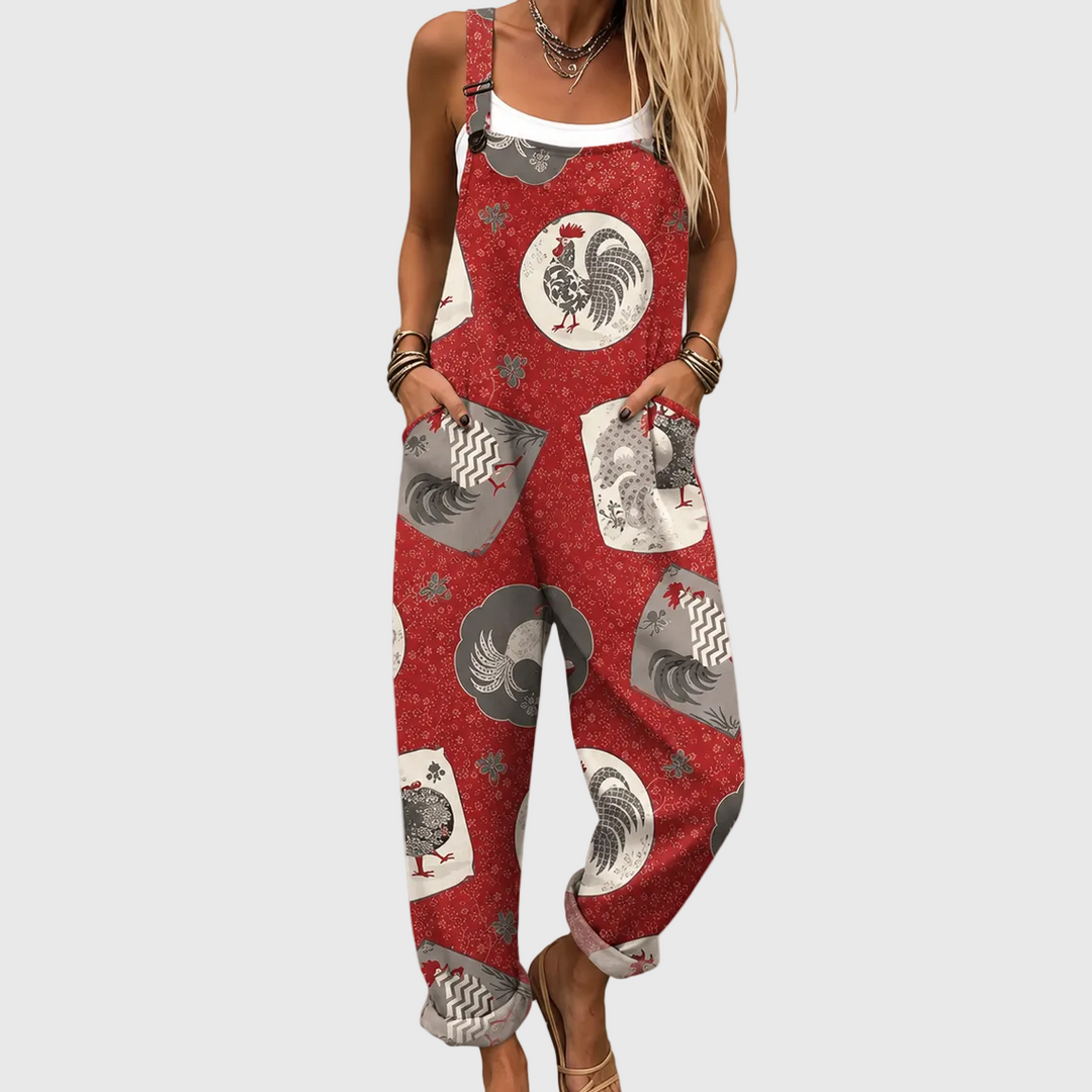 Casual Dungarees with Vintage Rooster Print