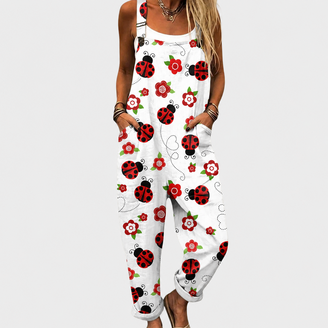 White Ladybug Print Dungarees