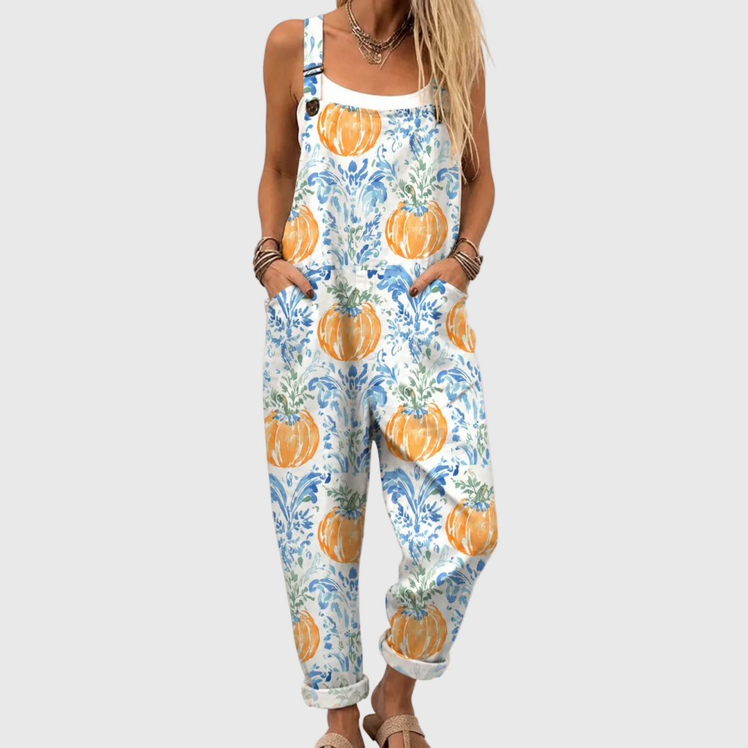 Soft Dungarees with Pumpkins and Blue Floral Patterns