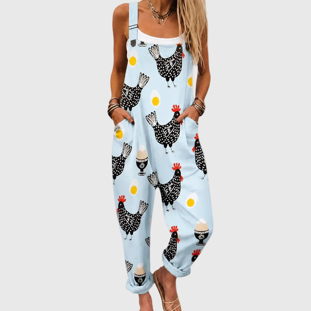 Sky Blue Chicken Print Dungarees