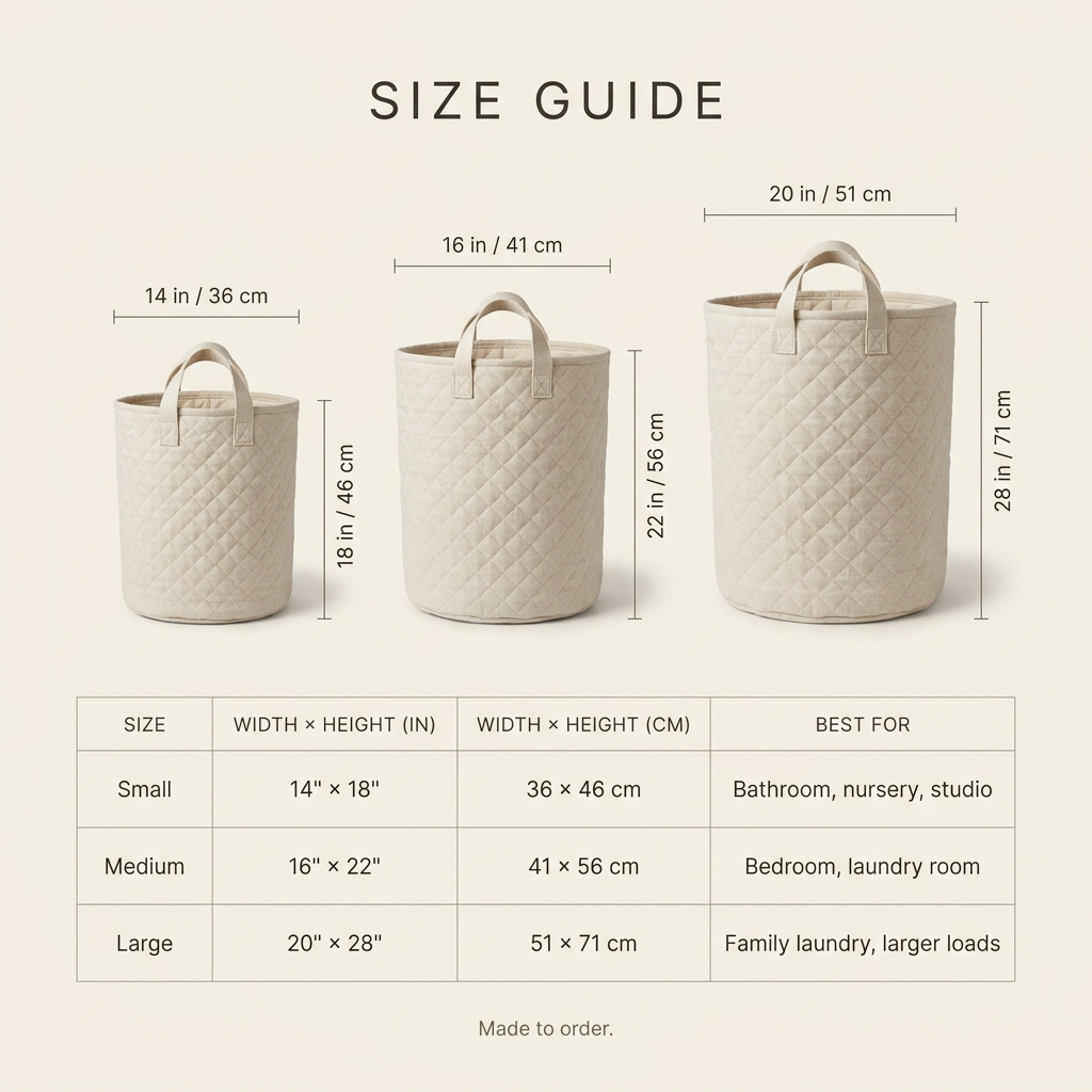 Laundry basket size guide: Small 36 × 46 cm, Medium 41 × 56 cm, Large 51 × 71 cm