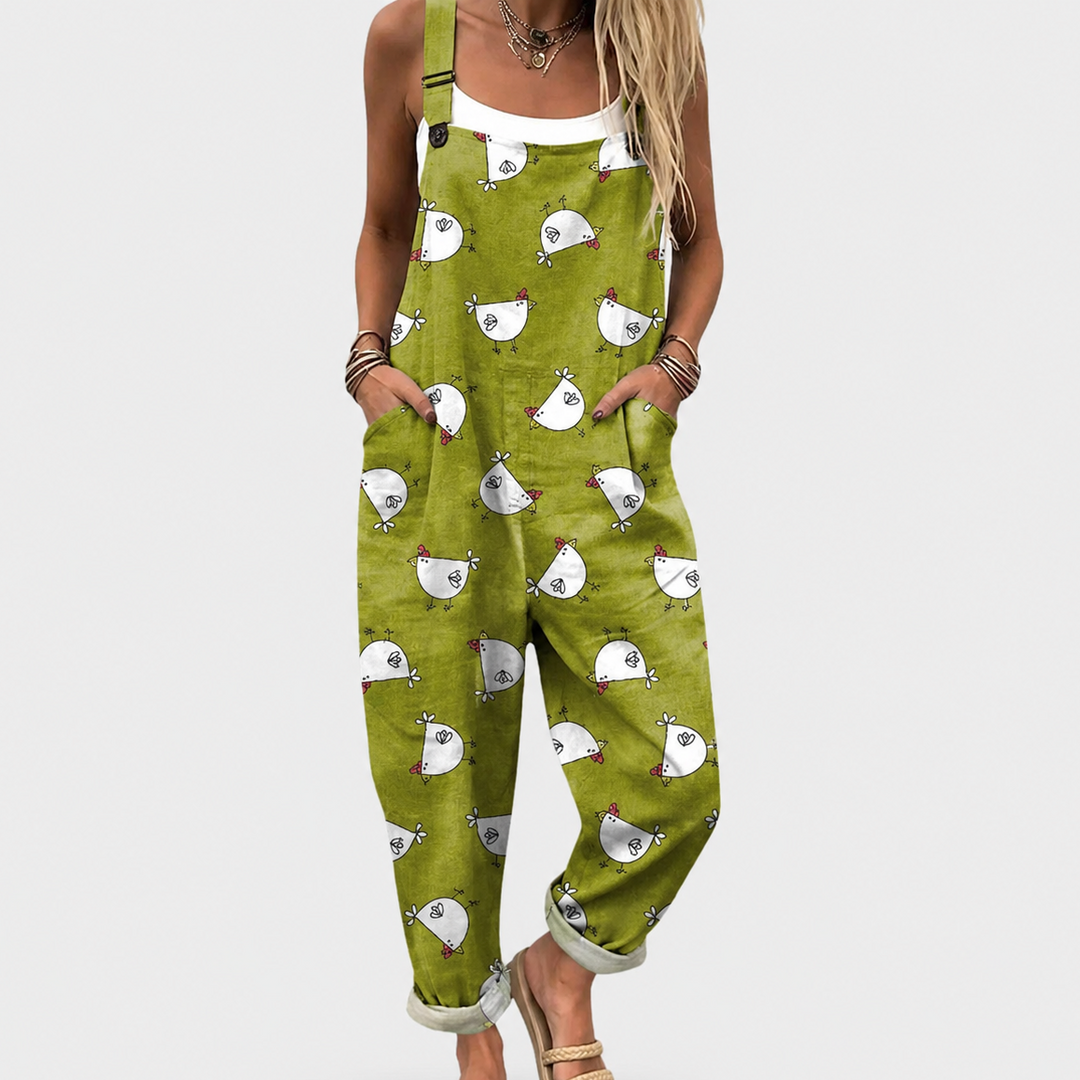 Soft Olive Green Dungarees with Chicken Pattern
