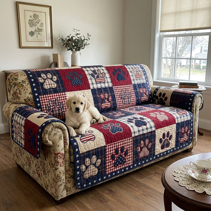 Quilted Sofa Cover with Patriotic Pawprint Design