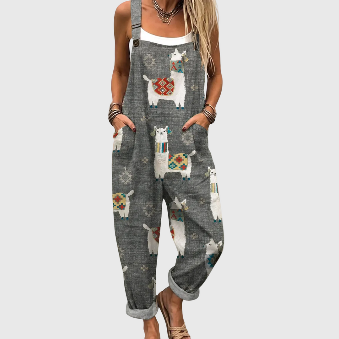 Soft Grey Dungarees with Llama Pattern