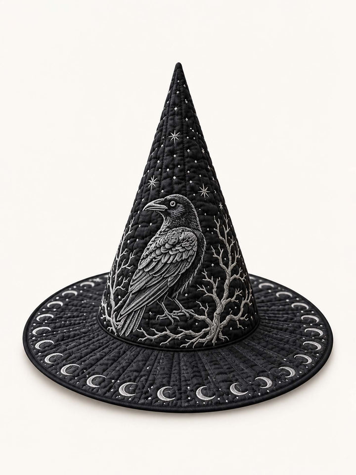 Midnight Raven Moon Phase Gothic Handcrafted Quilted Witch Hat