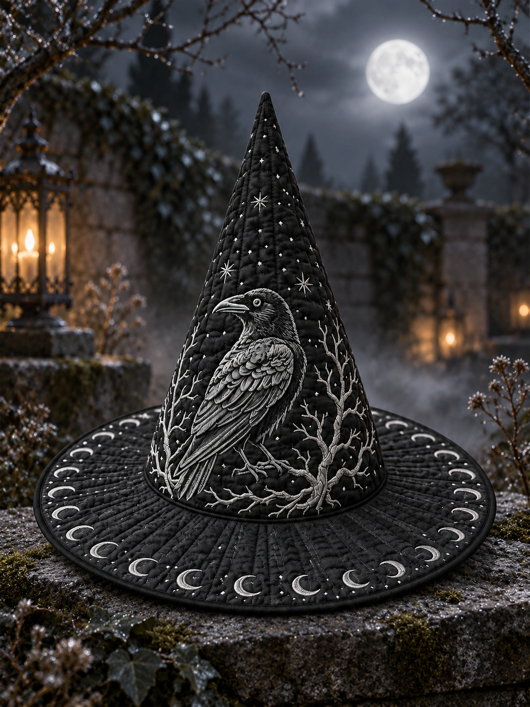 Midnight Raven Moon Phase Gothic Handcrafted Quilted Witch Hat