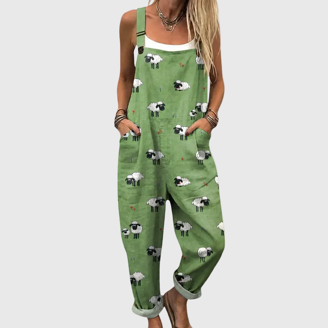 Green Sheep Print Dungarees