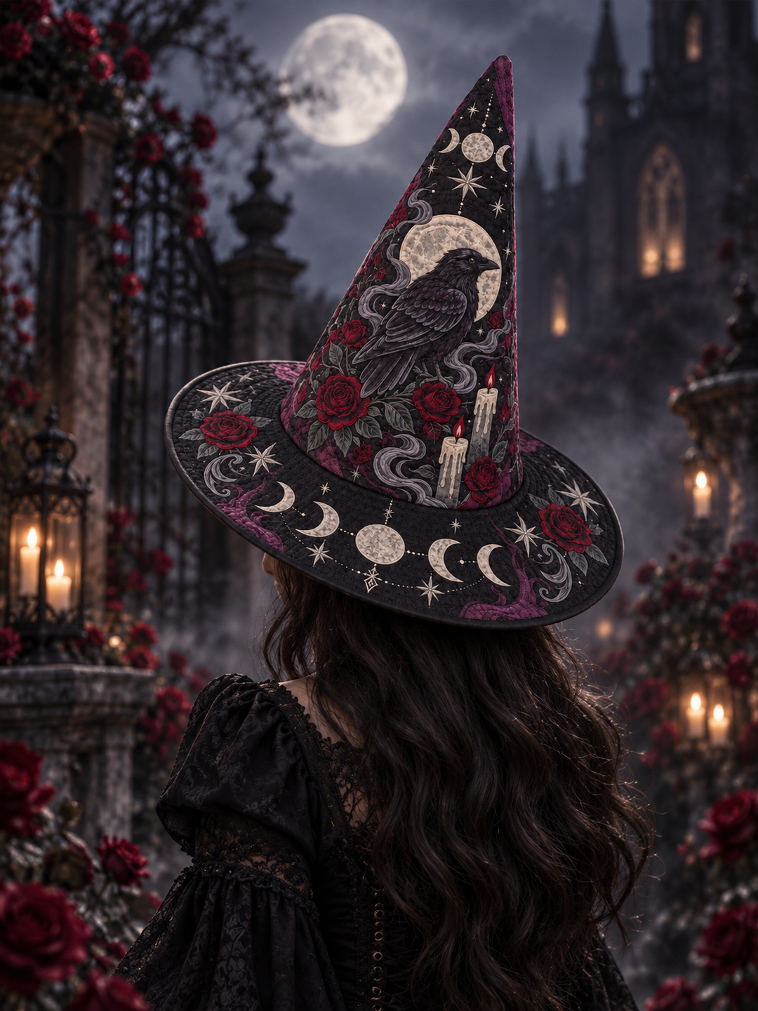 Moonlit Raven Rose Quilted Witch Hat – Gothic Celestial Halloween Hat