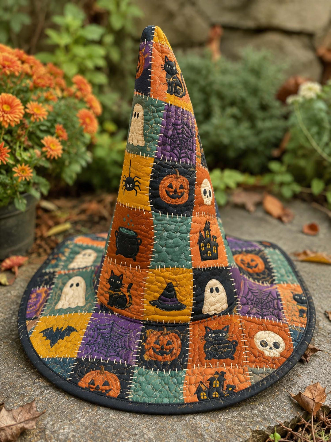 Halloween Patchwork Pumpkin Quilted Witch Hat