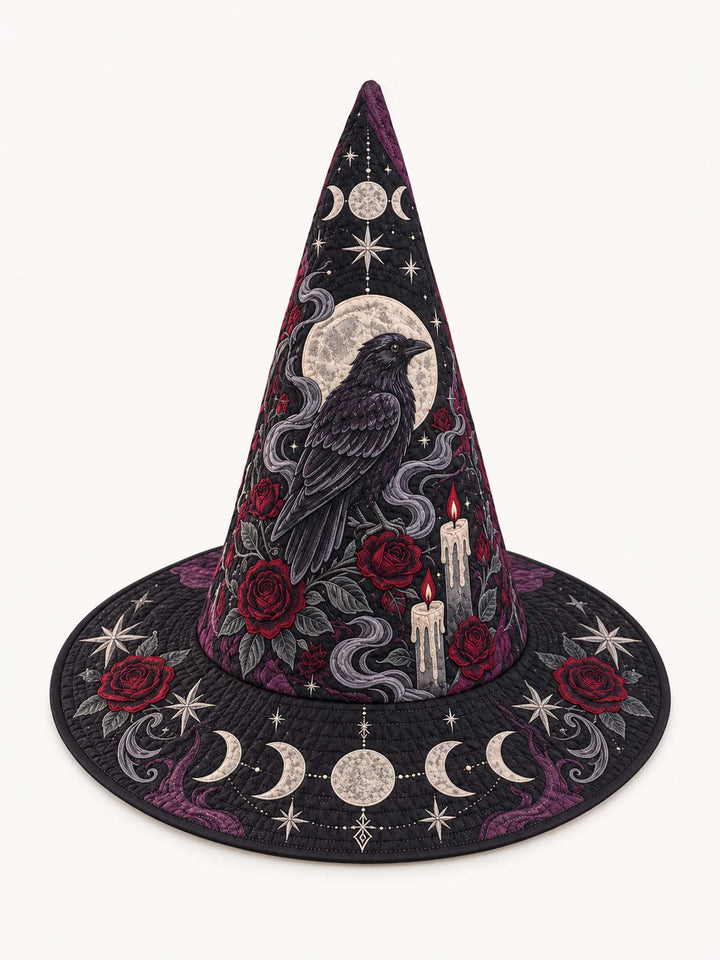 Moonlit Raven Rose Quilted Witch Hat – Gothic Celestial Halloween Hat