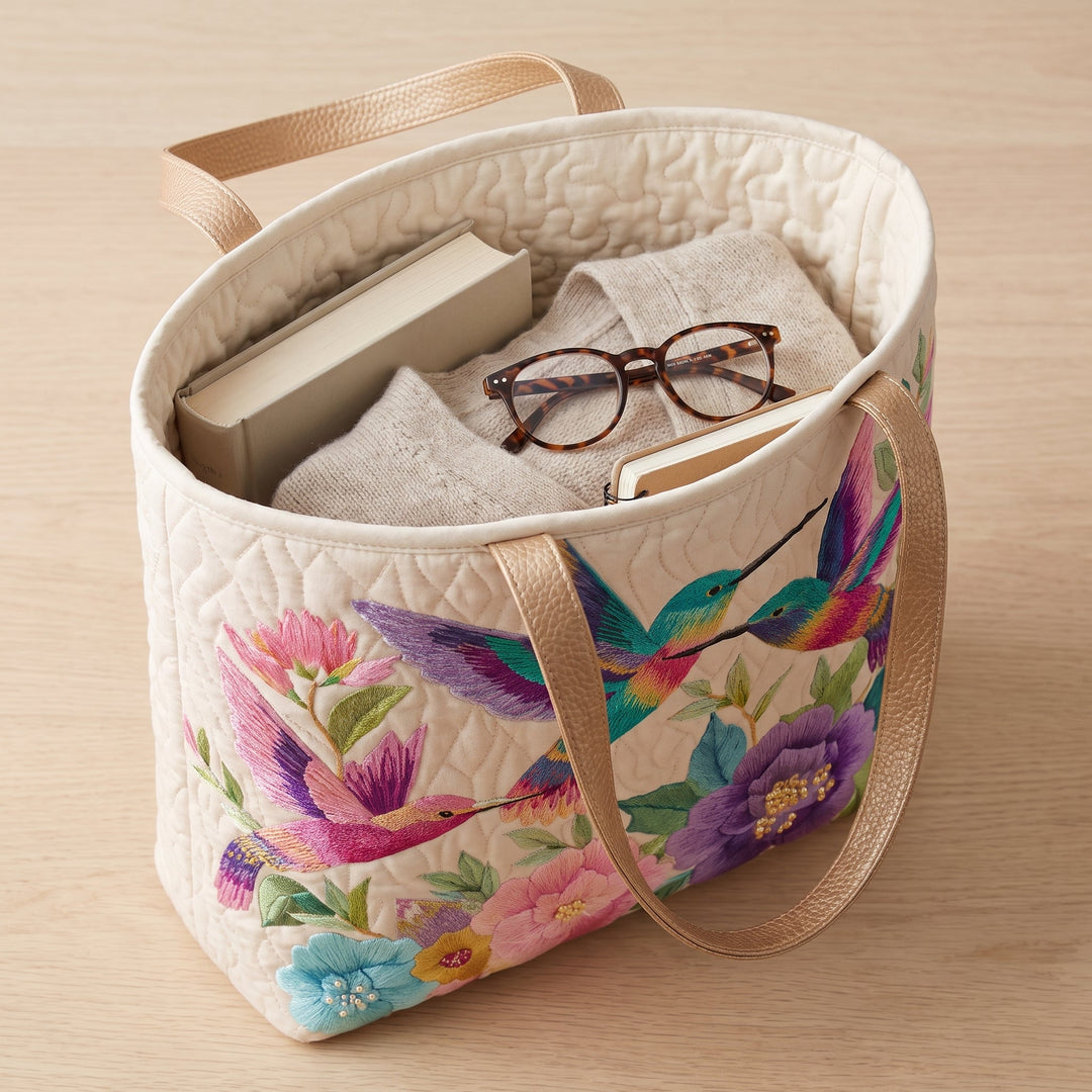 Hummingbird Flower Garden Quilted Tote Bag
