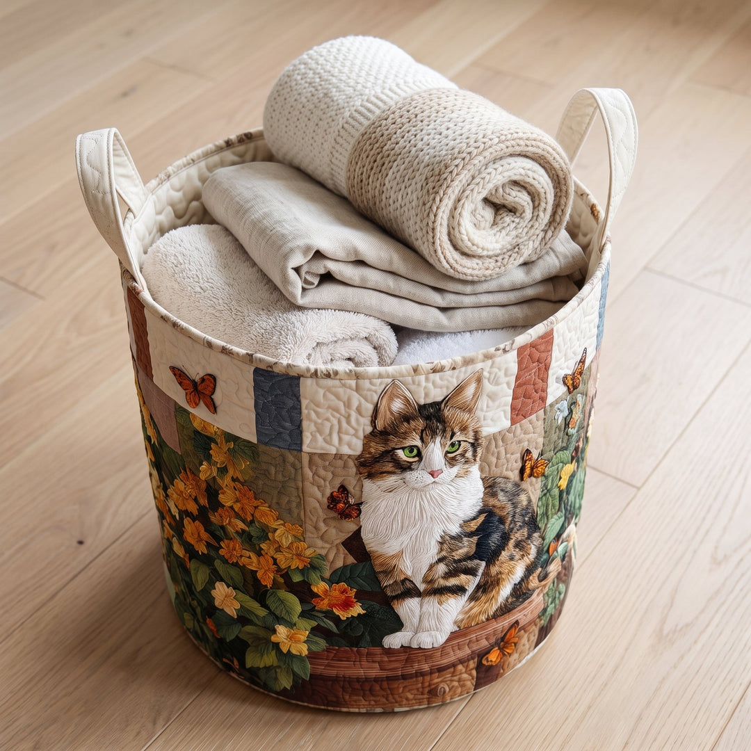 Cat Among the Petals Quilted Laundry Basket