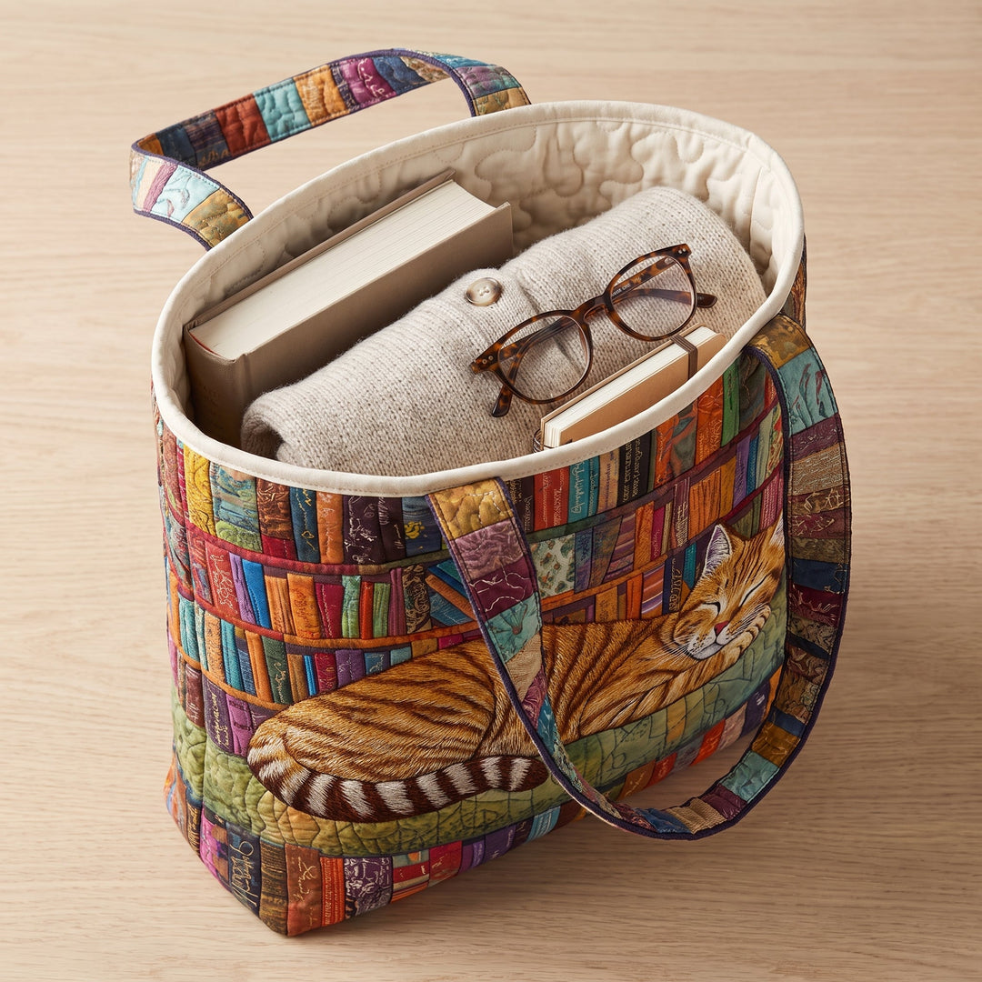 Bookish Cat Nap Quilted Tote Bag