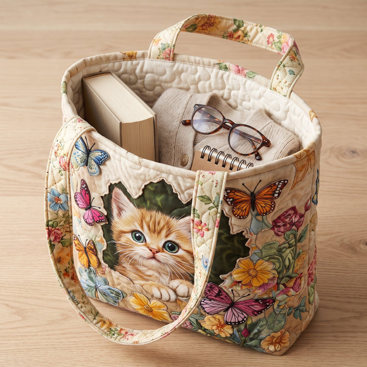 Butterfly Cat Quilted Tote Bag