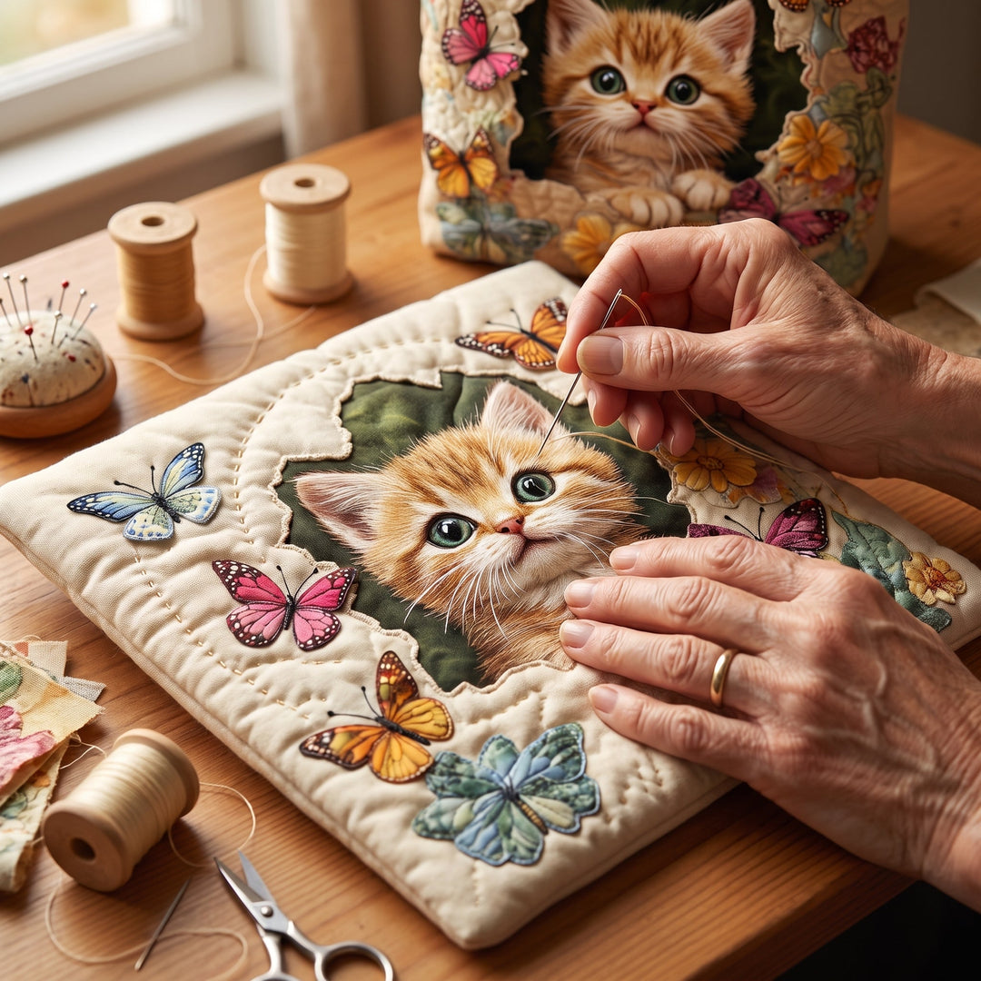 Butterfly Cat Quilted Tote Bag
