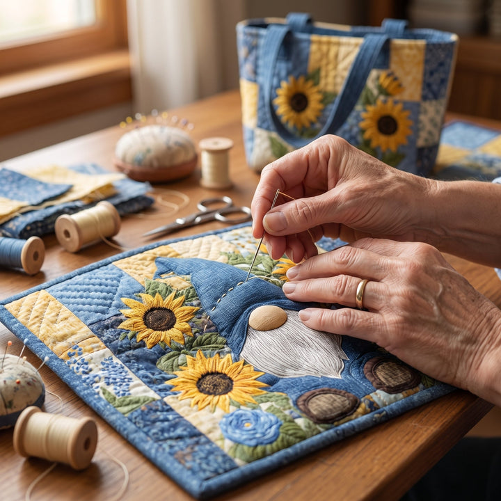Sunflower Gnome Quilted Tote Bag