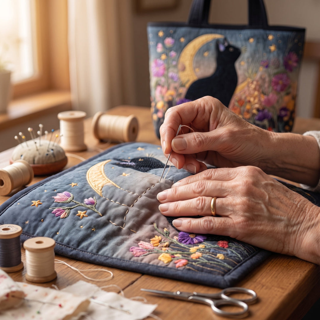 Blossom Night Cat Quilted Tote Bag