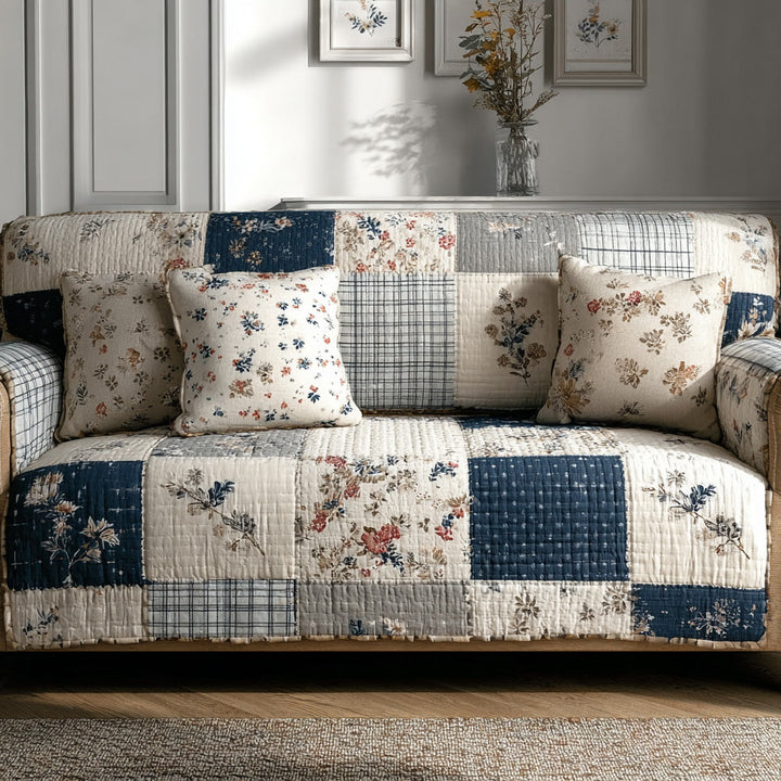 Quilted Blue Meadow Sofa Cover