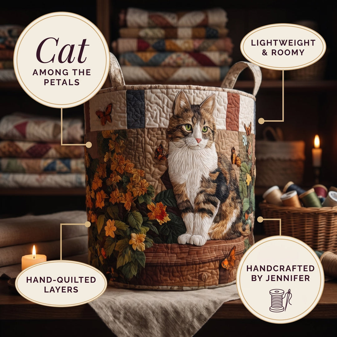 Cat Among the Petals Quilted Laundry Basket