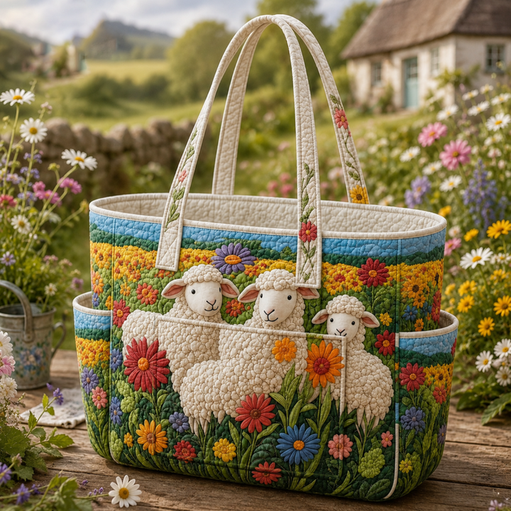 Gek Hwa | Quilted Tote Bag with Sheep and Flowers