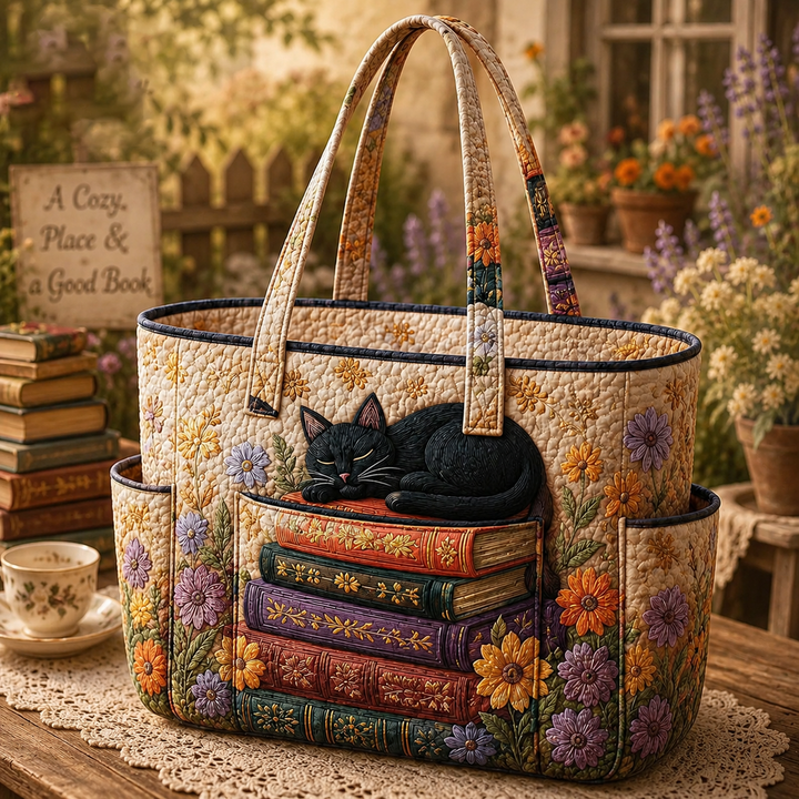 Swee Hoon | Quilted Tote Bag with a Sleeping Cat and Books