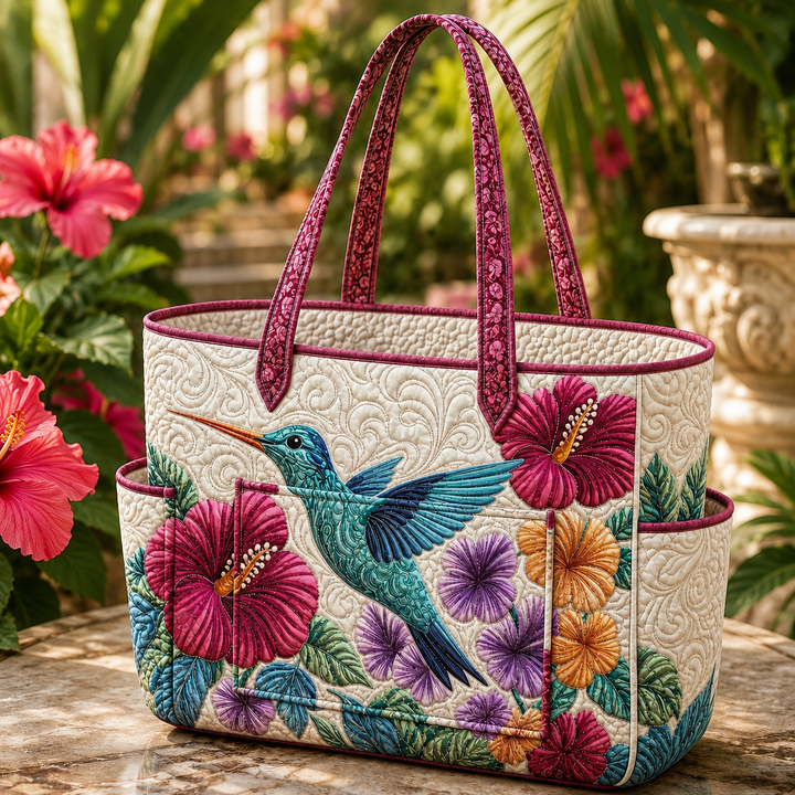Geok Lin | Quilted Tote Bag with an Elegant Hummingbird