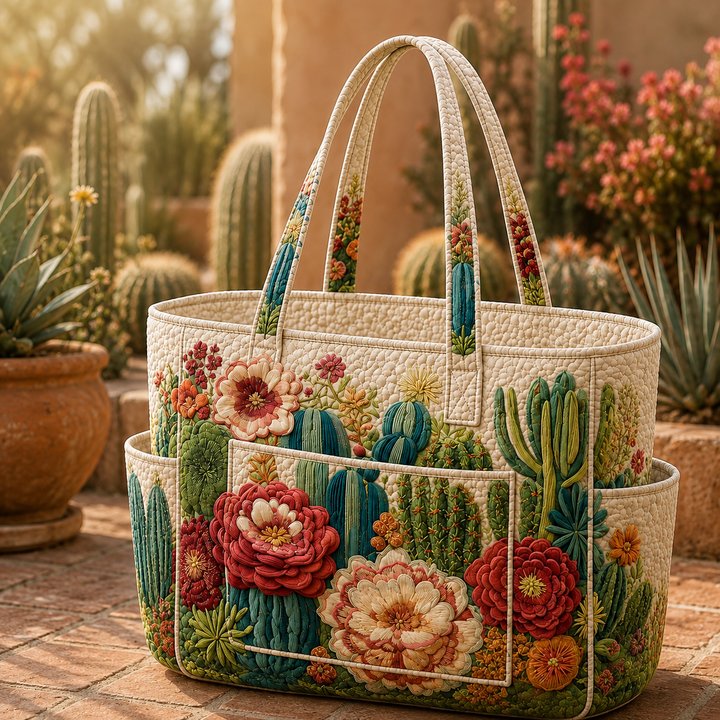 Lay Peng | Quilted Tote Bag with Flowering Cacti