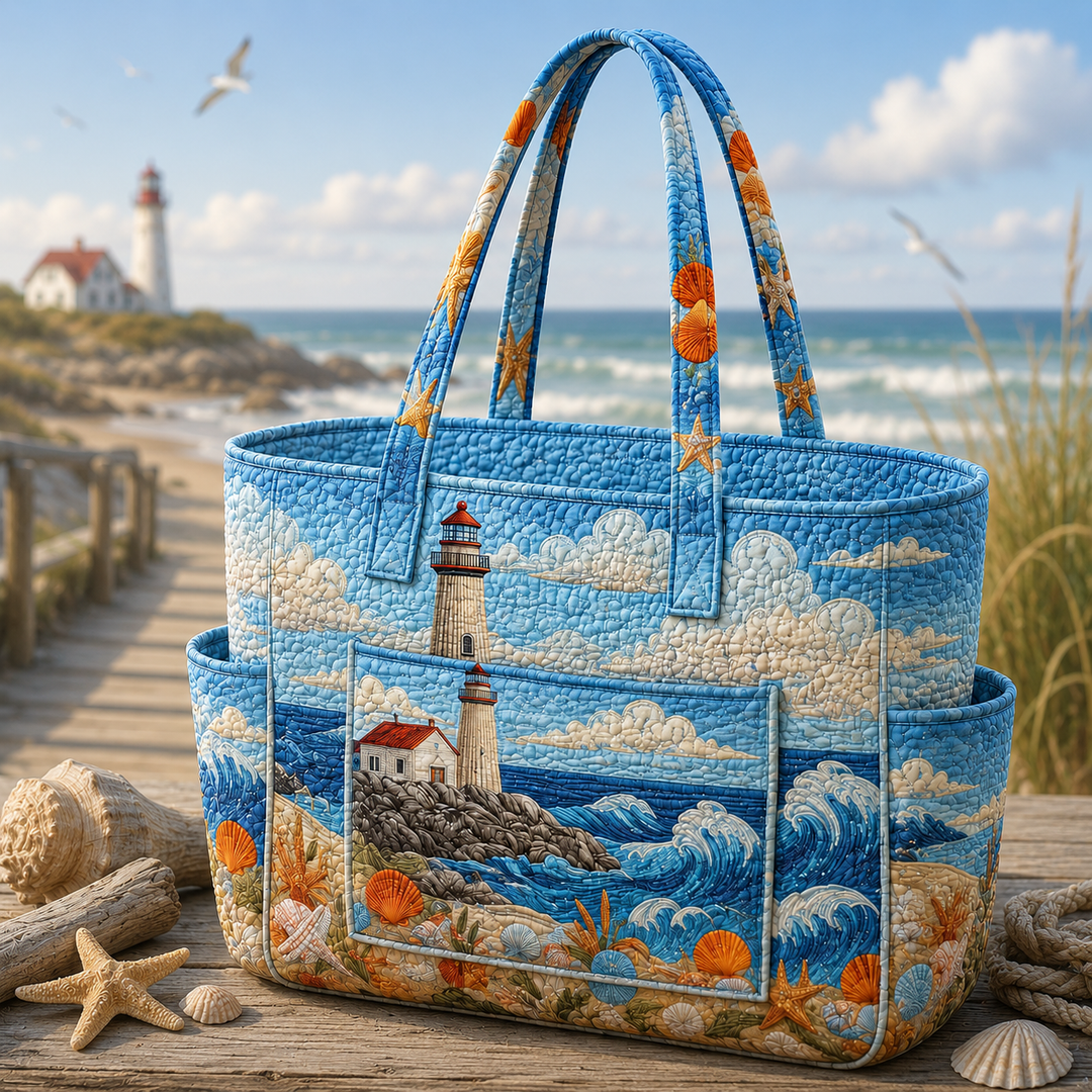Wan Neo | Quilted Tote Bag with a Seaside Lighthouse