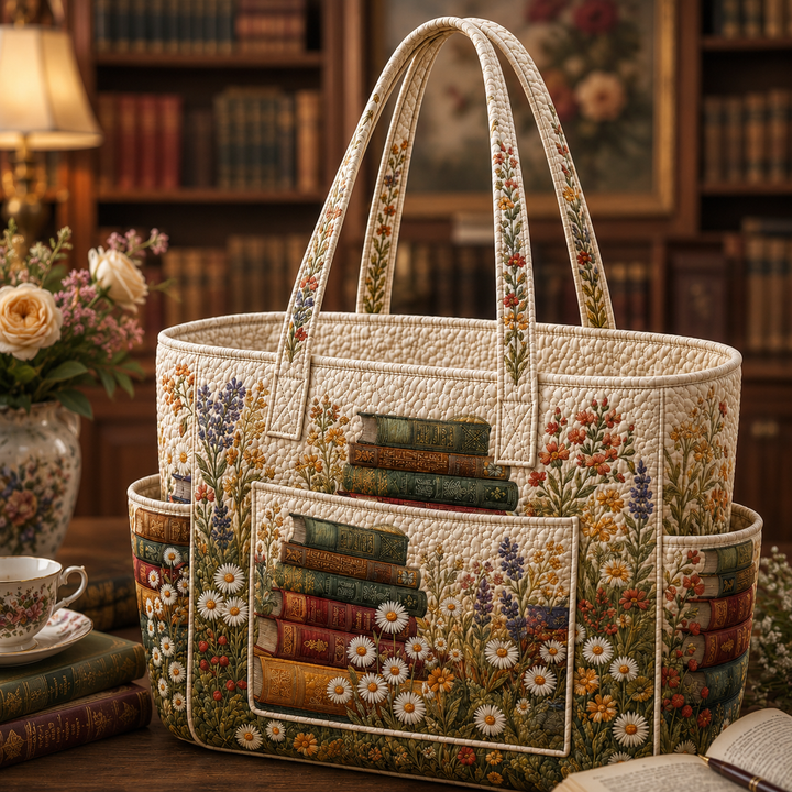 Chin Lan | Quilted Tote Bag with Vintage Books
