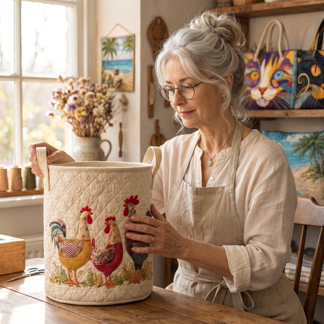 Cheerful Chicken Coop | Quilted Laundry Basket