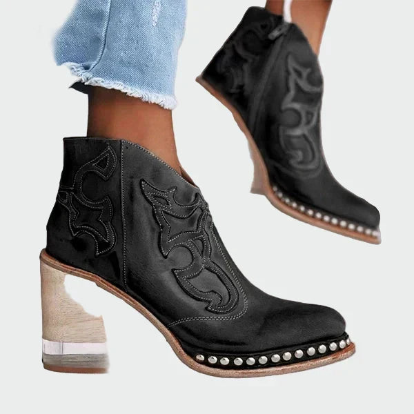 Aoibhe - Embroidered Western-Style Ankle Boots