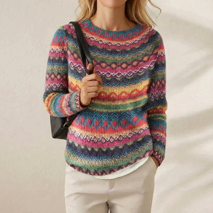 Eleanor – Jumper with Rainbow Fair Isle Stripes