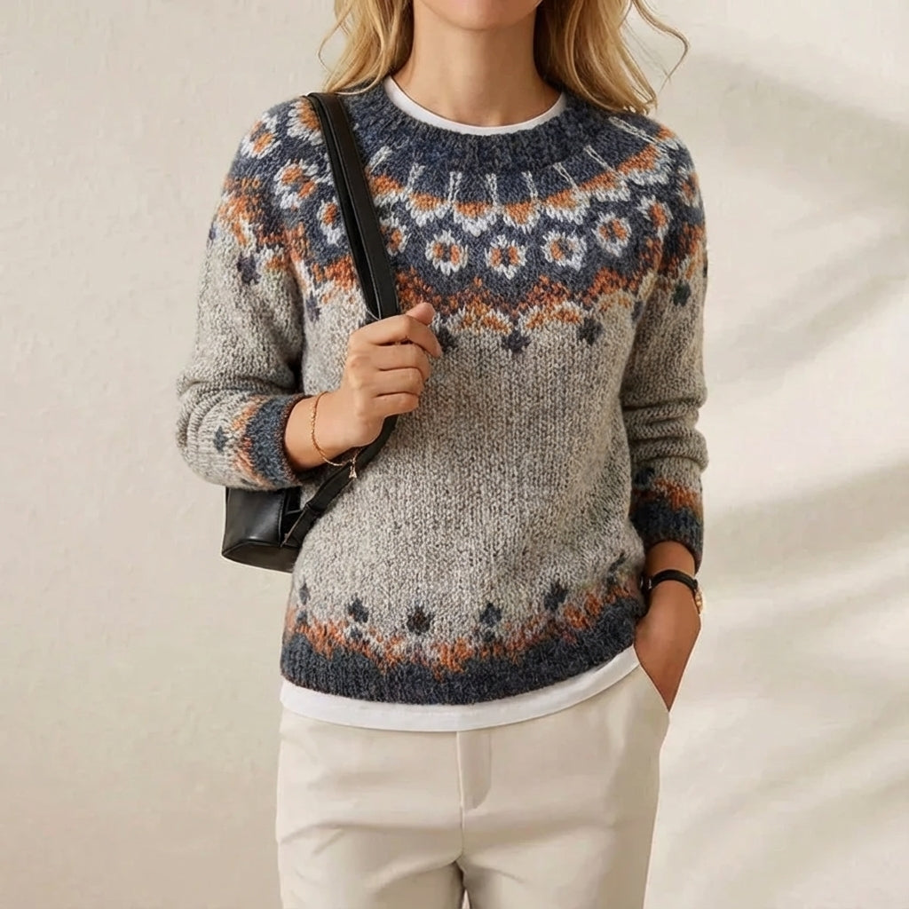Dorothy – Grey Jumper with Geometric Nordic Pattern