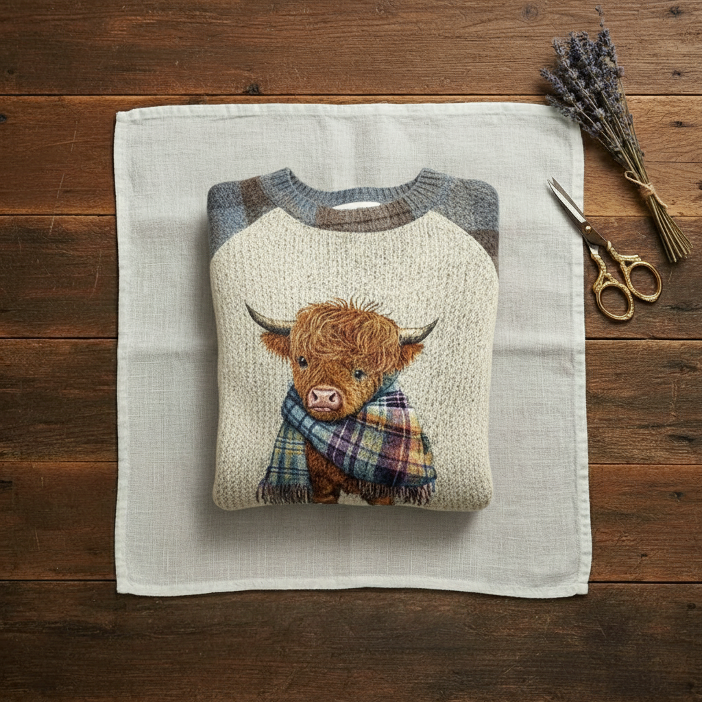Deborah – Light Blue & Cream Highland Cow Jumper