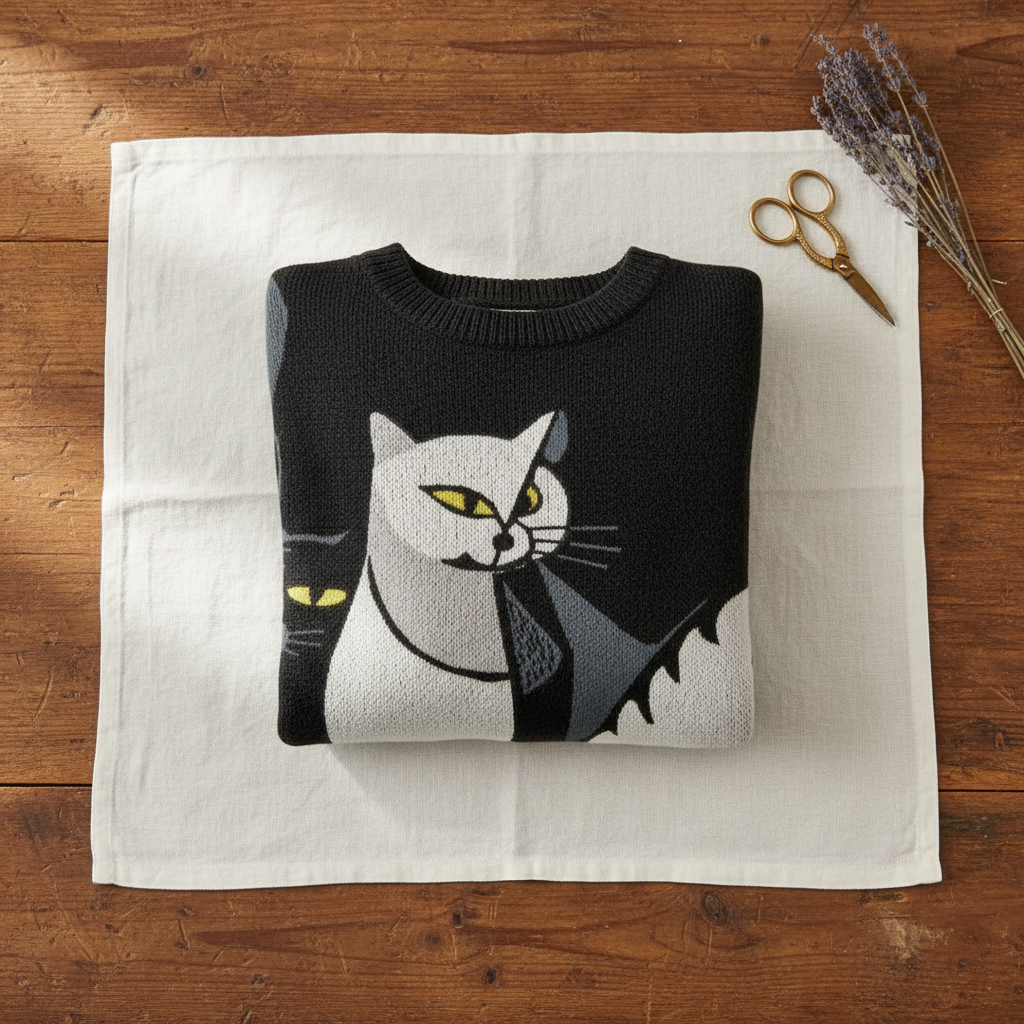 Caroline – Black Jumper with Cat Design