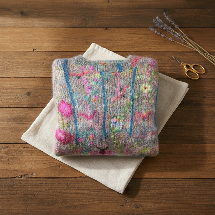 Emily – Jumper with Abstract Pink-Turquoise Pattern