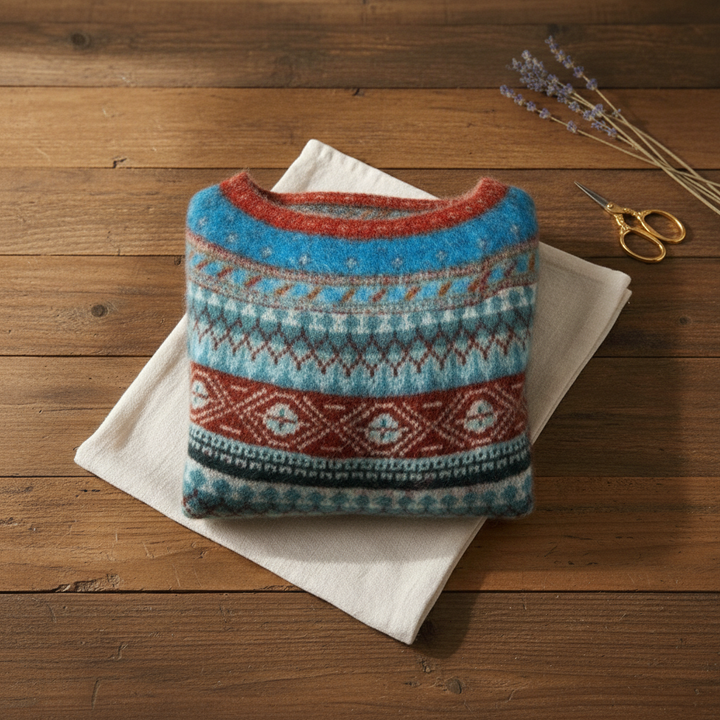 Sylvia – Blue-Red Jumper with Fair Isle Bands