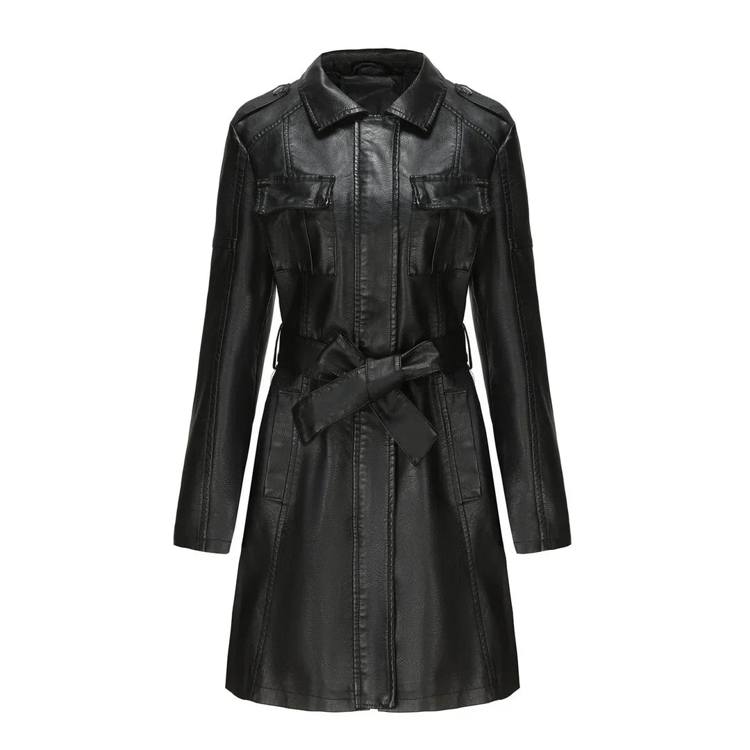 Women's Long Faux Leather Coat with Pockets