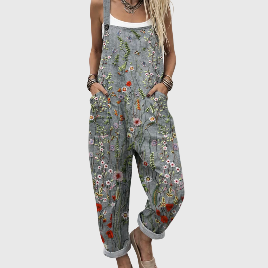 Grey Floral Print Dungarees