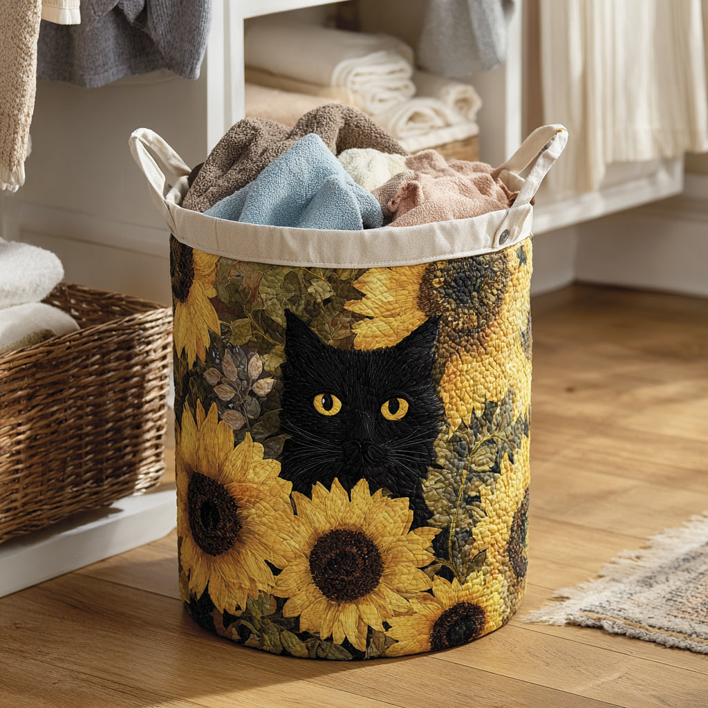 Black Cat and Sunflower | Quilted Laundry Basket